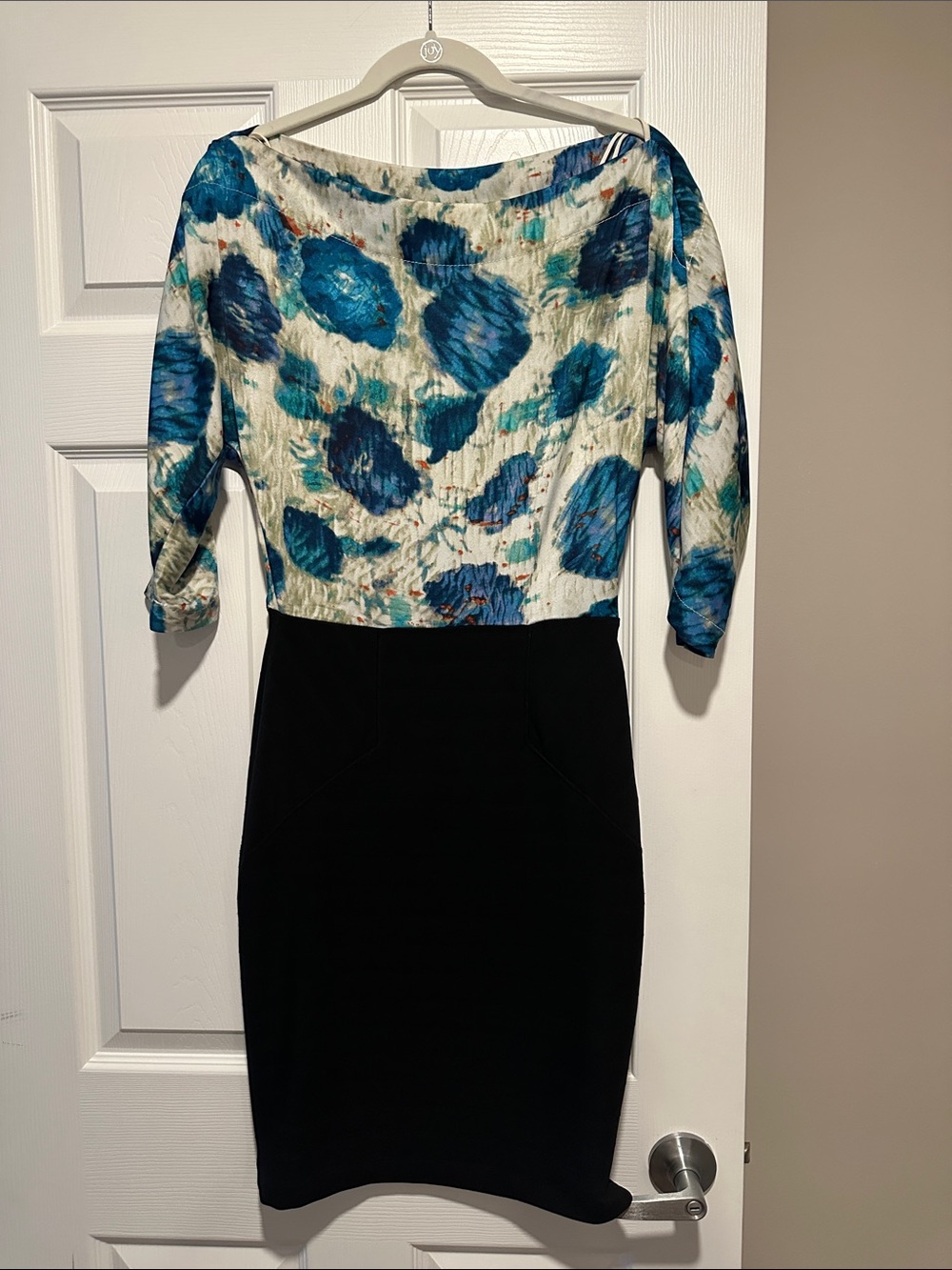 Blue and Green Floral Top Black Pencil Dress